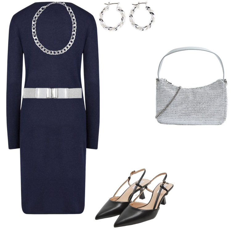 Outfit donna - Blu e argento. Stile Vintage retrò per Serata fuori. Abbinamento con orecchini, collane, sabot, cinture, borse a tracolla, vestiti midi/longuette.