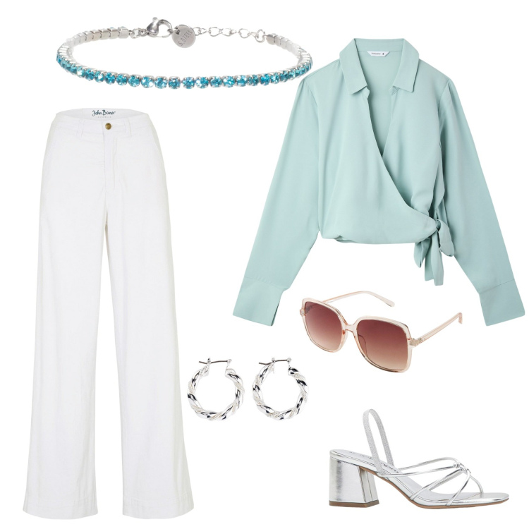 Outfit donna - Sunny day. Stile Casual chic per Tutti i giorni. Abbinamento con sandali col tacco, orecchini, jeans, occhiali da sole, camicie, braccialetti.