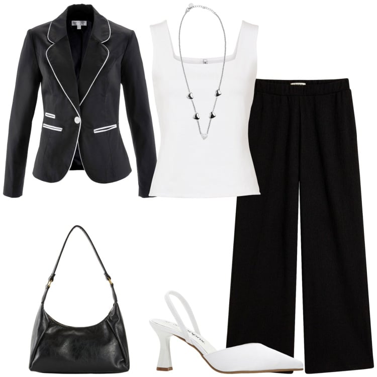 Outfit donna - Bianco e nero versatile. Stile Bon Ton per Tutti i giorni. Abbinamento con décolleté, borse a mano, blazer, pantaloni a palazzo, top, collane.