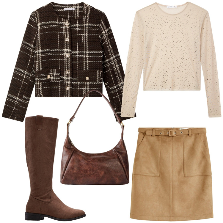 Outfit donna - Classic look autumn edition. Stile Bon Ton per Tutti i giorni. Abbinamento con gonne, stivali, borse a mano, maglieria, blazer.