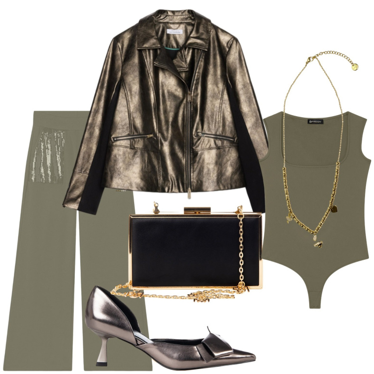 Outfit donna - Fall Collections - FW26. Stile Trendy per Serata fuori. Abbinamento con pochette, décolleté, body, pantaloni, ciondoli, giacche.
