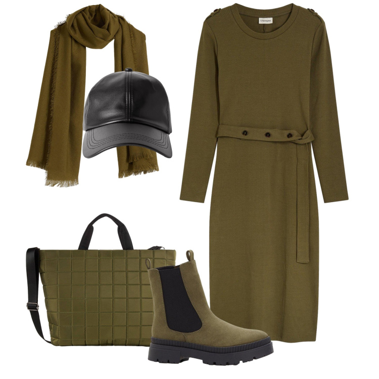 Outfit donna - Total green in città. Stile Trendy per Tutti i giorni. Abbinamento con vestiti midi/longuette, stivaletti chelsea, sciarpe, shopping bag, cappelli con visiera.