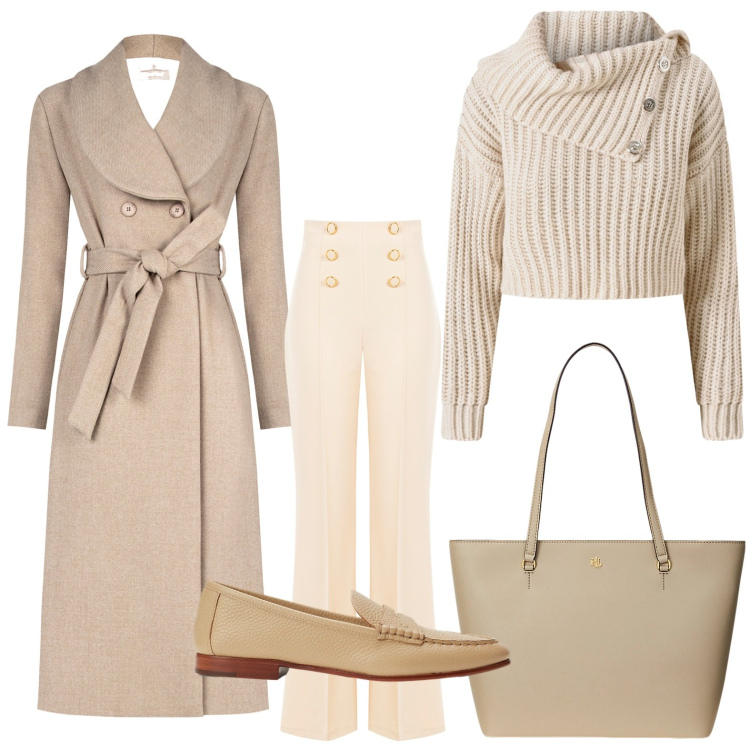 Outfit donna - Rinascimento - Nuova collezione FW26. Stile Chic per Ufficio. Abbinamento con maglieria, pantaloni, cappotti, borse tote, mocassini.