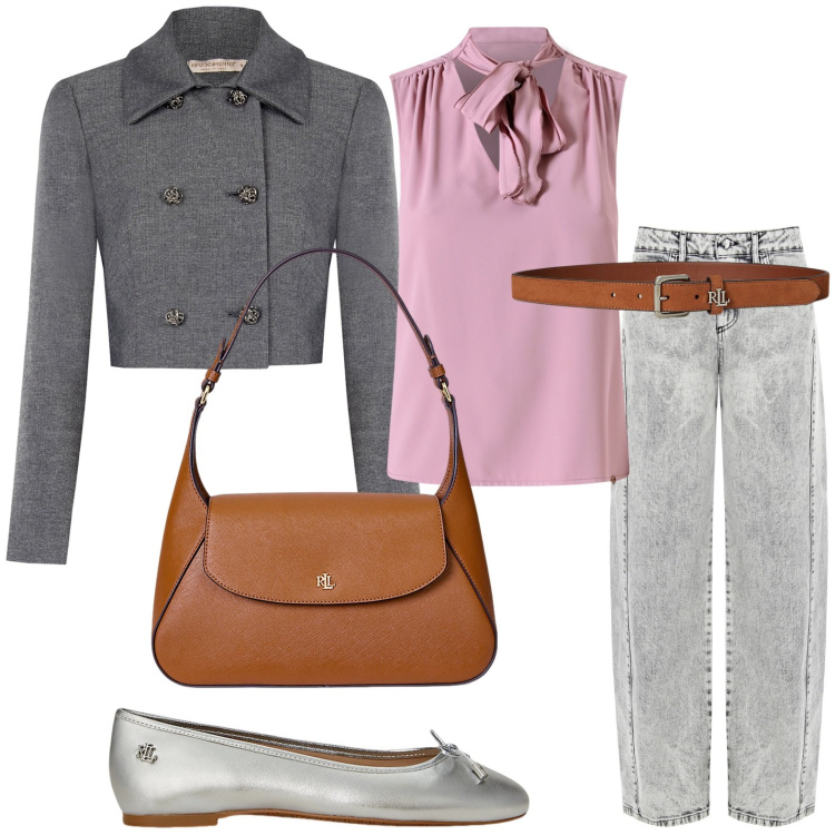Outfit donna - Rinascimento - Nuova collezione FW26. Stile Minimal per Ufficio. Abbinamento con jeans, top, blazer, ballerine, borse a spalla, cinture.