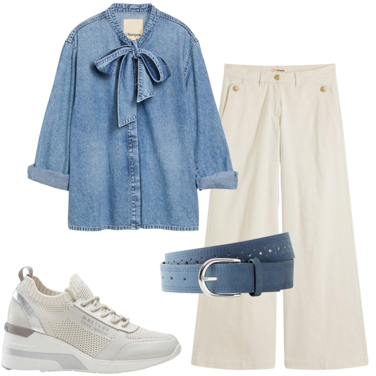 Outfit donna - Autunno Bonprix. Stile Casual chic per Serata fuori. Abbinamento con pantaloni, cinture, camicie, sneakers.