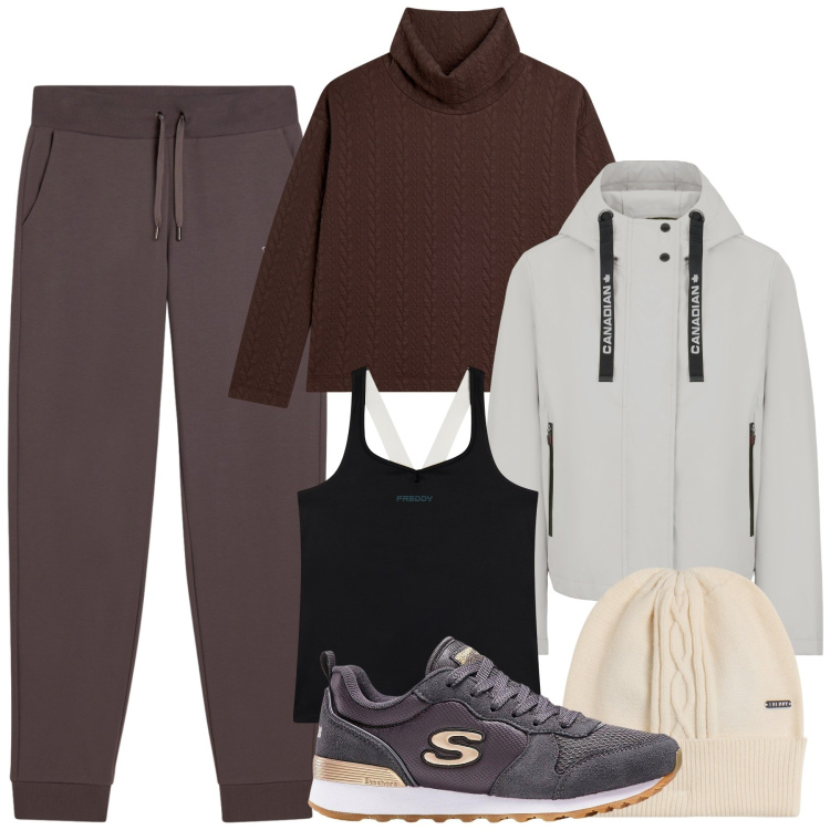 Outfit donna - Gita in montagna. Stile Sporty chic per Sport. Abbinamento con sneakers, maglieria, pantaloni, cappelli, top sportivi, blazer.