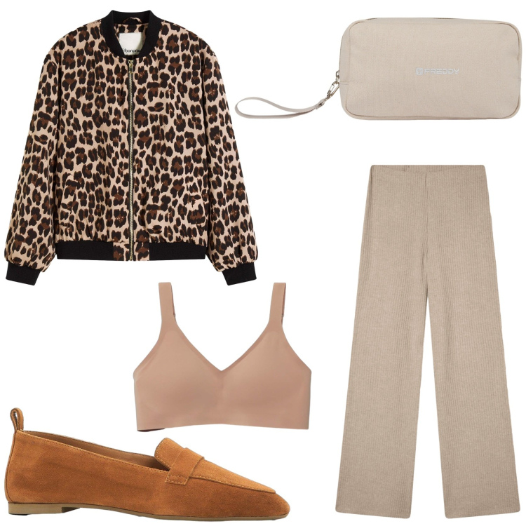Outfit donna - Animal print. Stile Glamour per Tutti i giorni. Abbinamento con bomber, mocassini, pantaloni, bralette, valigie.