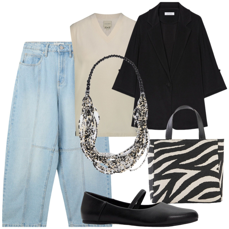 Outfit donna - Settembre in città. Stile Chic per Tutti i giorni. Abbinamento con borse a mano, ballerine, jeans, maglieria, collane, blazer.
