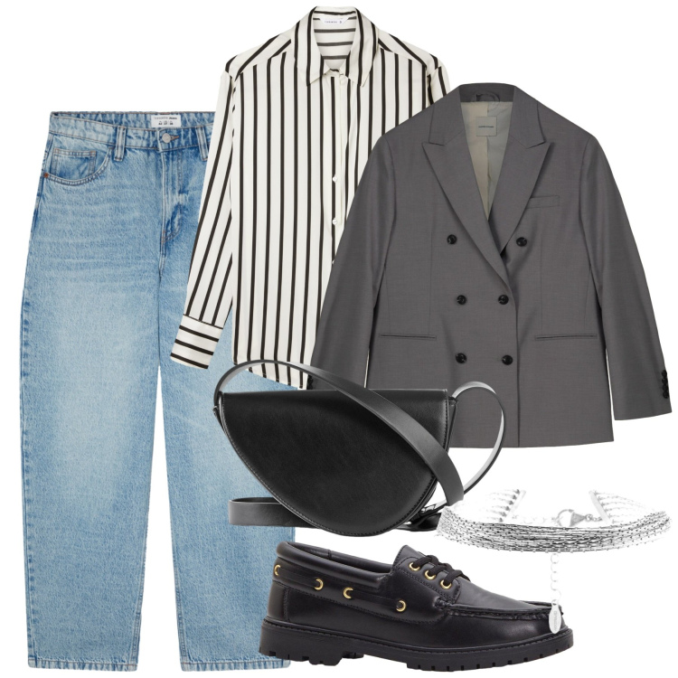Outfit donna - Settembre in città. Stile Chic per Tutti i giorni. Abbinamento con mocassini, borse a tracolla, camicie, jeans, braccialetti, blazer.