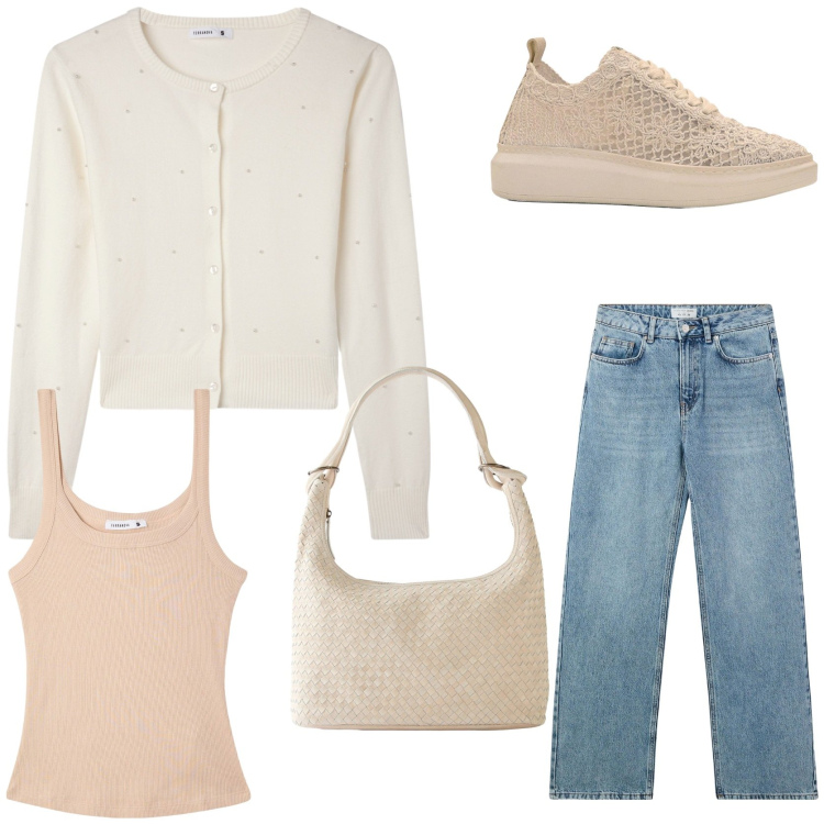 Outfit donna - Panna e jeans. Stile Romantica per Tutti i giorni. Abbinamento con shopping bag, sneakers, cardigans, jeans, canottiere.
