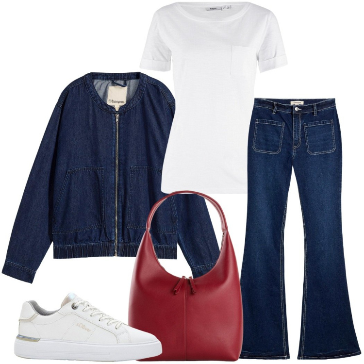 Outfit donna - Autunno con Bonprix. Stile Casual chic per Ufficio. Abbinamento con blazer, t-shirt, shopping bag, jeans bootcut, sneakers.