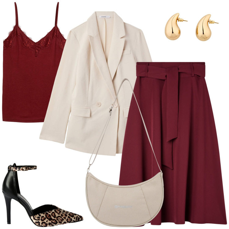 Outfit donna - Apericena autunnali. Stile Casual chic per Serata fuori. Abbinamento con top, orecchini, blazer, décolleté, gonne lunghe, borse a spalla.