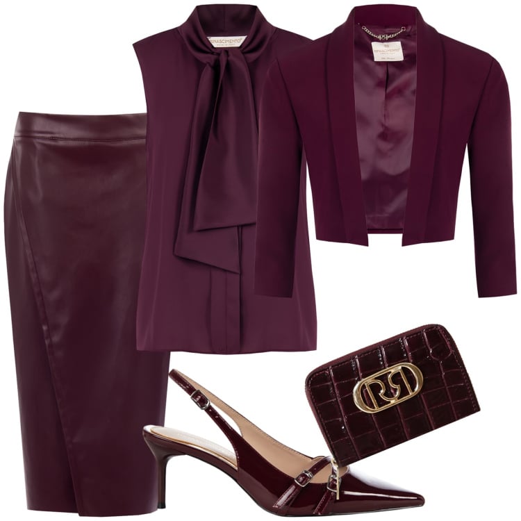 Outfit donna - Un bordeaux d\'autunno. Stile Glamour per Serata fuori. Abbinamento con gonne longuette, top, blazer, décolleté, portafogli.
