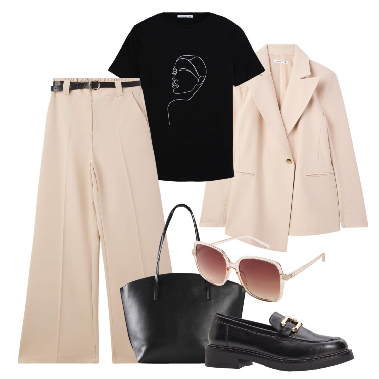 Outfit donna - Autunno in saldo per l’ufficio. Stile Casual chic per Ufficio. Abbinamento con shopping bag, occhiali da sole, mocassini, pantaloni, blazer, t-shirt.