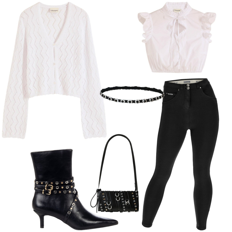 Outfit donna - Total look #2238272. Stile Casual per Tutti i giorni. Abbinamento con cardigans, camicie, stivaletti, borse a spalla, cinture, pantaloni skinny.