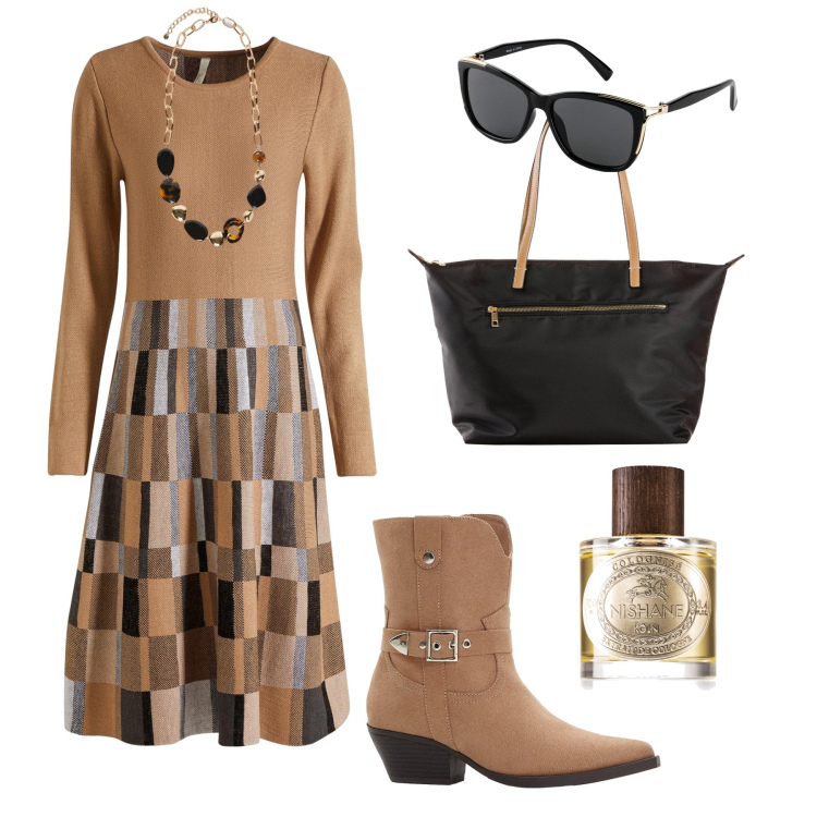 Outfit donna - Un abito per l’autunno. Stile Trendy per Tutti i giorni. Abbinamento con vestiti, stivaletti texani, shopping bag, occhiali da sole, profumi, collane.