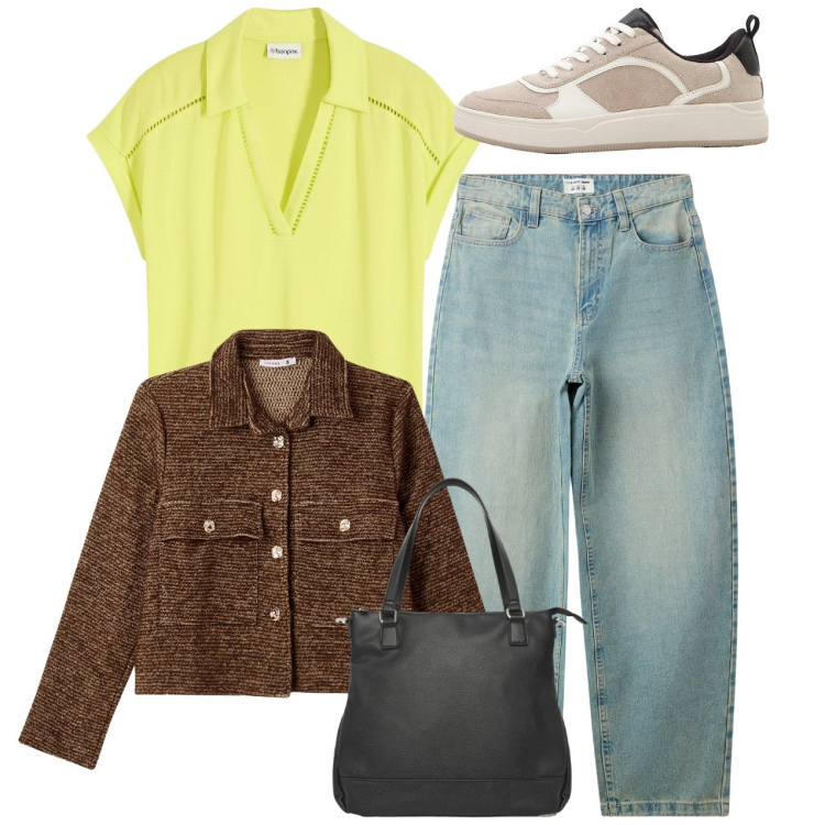 Outfit donna - City. Stile Casual per Tutti i giorni. Abbinamento con polo, sneakers, jeans, shopping bag, blazer.