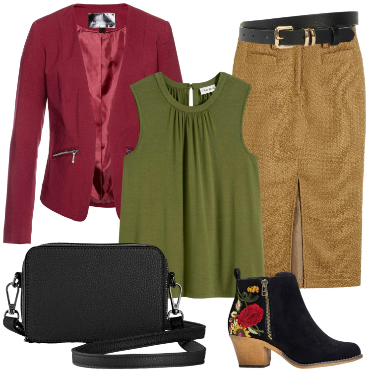 Outfit donna - Bonprix autunno. Stile Casual chic per Ufficio. Abbinamento con gonne longuette, stivaletti, borse a tracolla, blazer, cinture, top.
