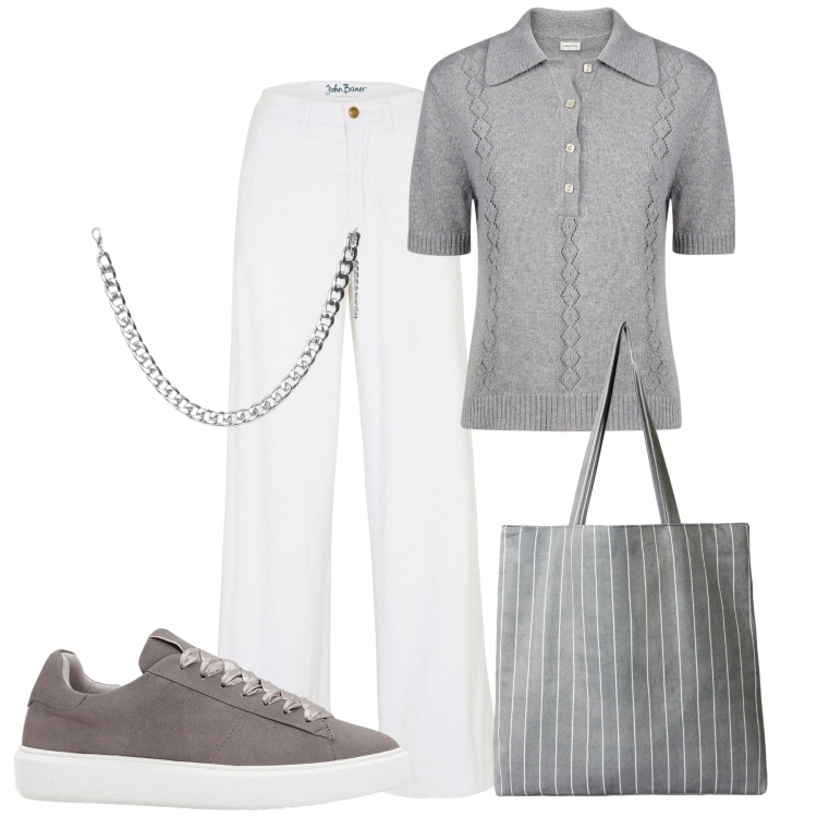 Outfit donna - Grigio. Stile Bon Ton per Tutti i giorni. Abbinamento con jeans, sneakers, collane, shopping bag, polo.