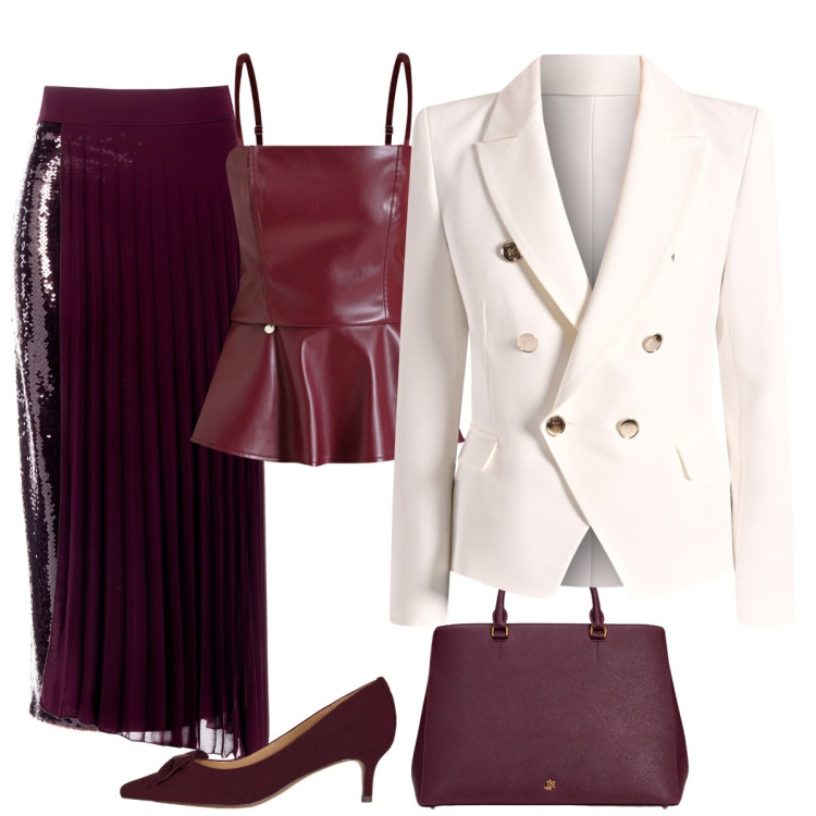 Outfit donna - Sofisticato outfit. Stile Chic per Serata fuori. Abbinamento con gonne longuette, top, blazer, borse a mano, décolleté.