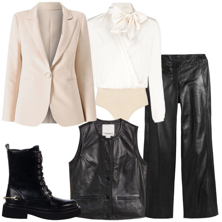 Outfit donna - Grintosa. Stile Casual chic per Tutti i giorni. Abbinamento con pantaloni, gilet, anfibi, body, blazer.