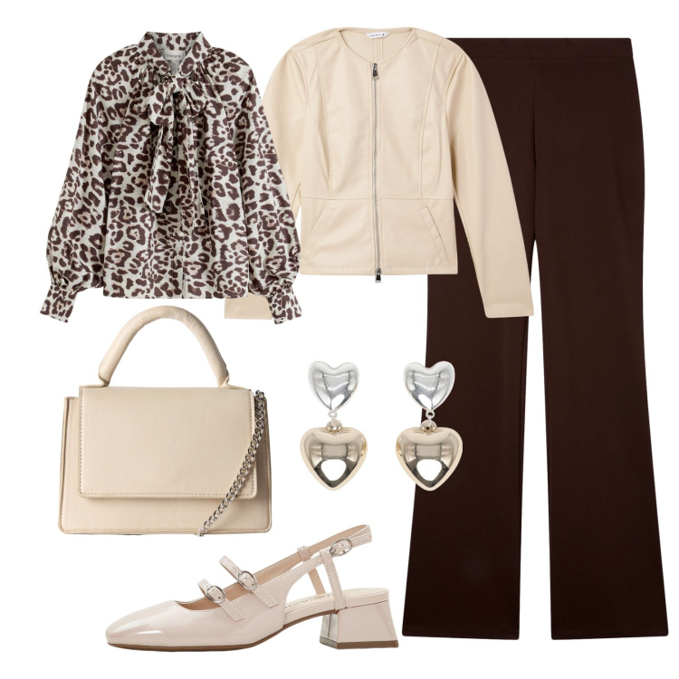 Outfit donna - Animalier soft!. Stile Chic per Ufficio. Abbinamento con camicie, décolleté, blazer, orecchini, borse a tracolla, pantaloni.
