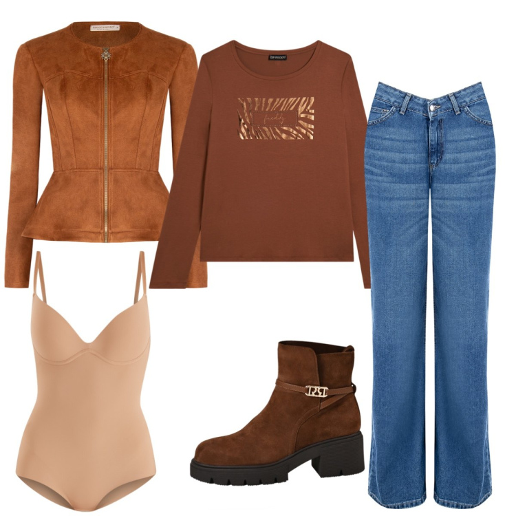 Outfit donna - Prime piogge. Stile Casual per Tutti i giorni. Abbinamento con body, blazer, jeans, stivaletti, t-shirt.
