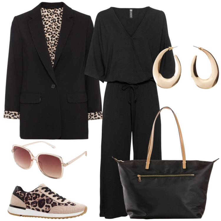 Outfit donna - Dinamica. Stile Trendy per Tutti i giorni. Abbinamento con tute, orecchini, sneakers, blazer, occhiali da sole, shopping bag.