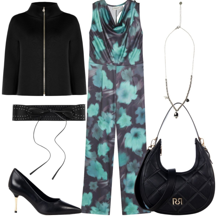 Outfit donna - Serata fuori. Stile Chic per Serata fuori. Abbinamento con tute, cinture, borse a tracolla, décolleté, cappe, ciondoli.