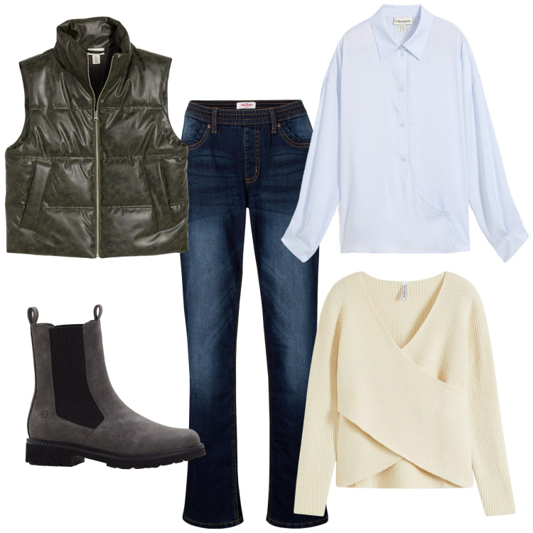 Outfit donna - Pomeriggio autunnale. Stile Casual per Tutti i giorni. Abbinamento con camicie, stivaletti chelsea, jeans dritti, maglieria, piumini.