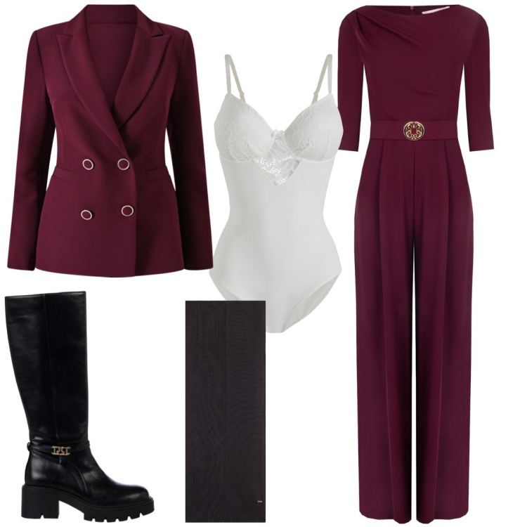 Outfit donna - Autunno chic. Stile Chic per Tutti i giorni. Abbinamento con body, tute, blazer, stivali sopra il ginocchio, sciarpe.