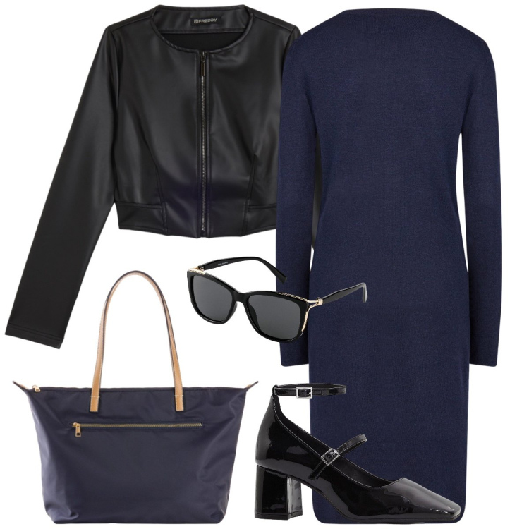 Outfit donna - Ufficio. Stile Chic per Ufficio. Abbinamento con occhiali da sole, shopping bag, décolleté, giacche, vestiti midi/longuette.