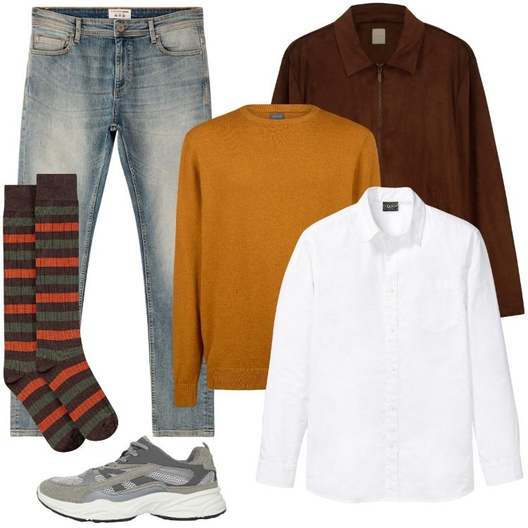 Outfit uomo - Total look #2238320. Stile Casual per Ufficio. Abbinamento con camicie, jeans skinny, sneakers, maglieria, giacche, calzini.