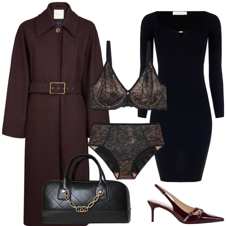 Outfit donna - Ufficio. Stile Chic per Ufficio. Abbinamento con décolleté, borse a mano, vestiti a tubino, reggiseni, culotte, cappotti.