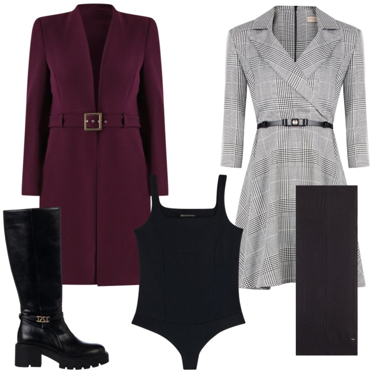 Outfit donna - Ufficio. Stile Bon Ton per Ufficio. Abbinamento con vestiti corti, trench, stivali sopra il ginocchio, sciarpe, body.