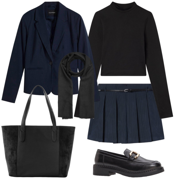 Outfit donna - Università. Stile Preppy per Scuola/Università. Abbinamento con blazer, shopping bag, mocassini, foulard, minigonne, t-shirt.