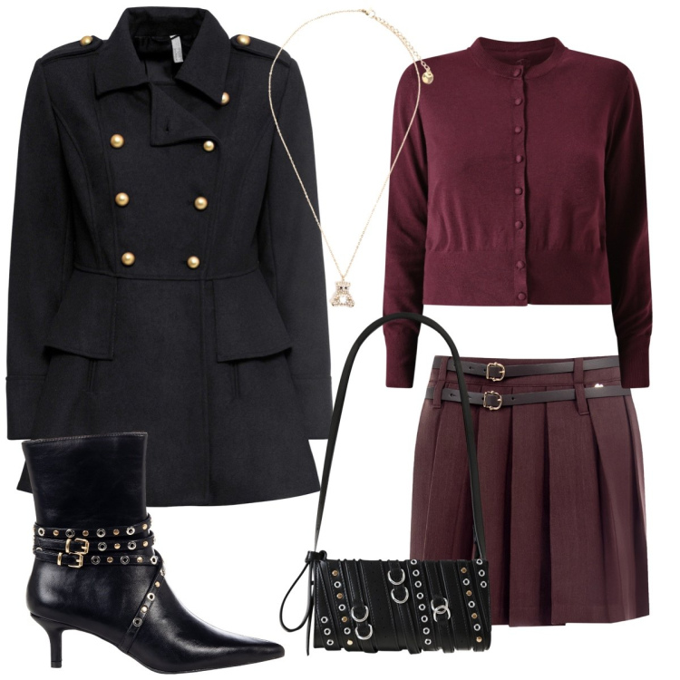 Outfit donna - Pomeriggio in città. Stile Preppy per Tutti i giorni. Abbinamento con cappotti, stivaletti, borse a spalla, cardigans, minigonne, ciondoli.