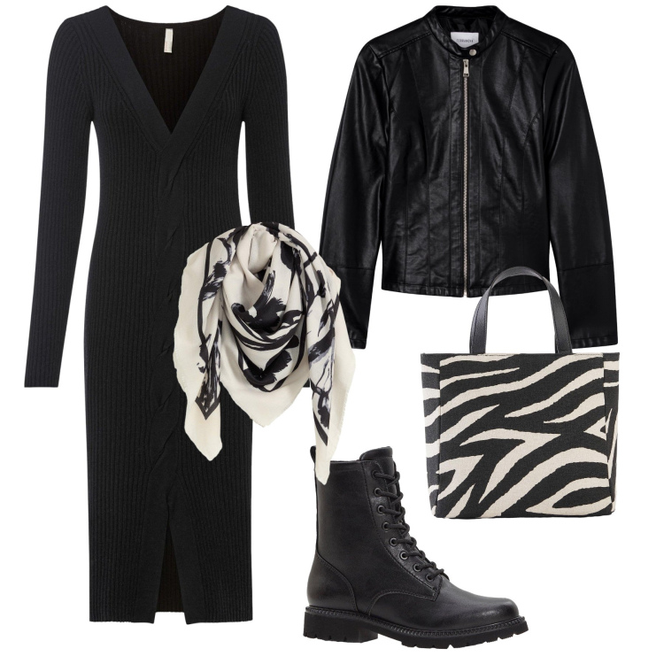 Outfit donna - Dark city. Stile Urban per Tutti i giorni. Abbinamento con vestiti, stivaletti, foulard, borse a mano, giacche.