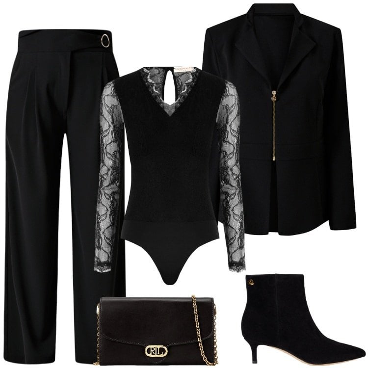Outfit donna - Total look #2238339. Stile Glamour per Serata fuori. Abbinamento con pantaloni a palazzo, blazer, body, borse a tracolla, stivaletti.