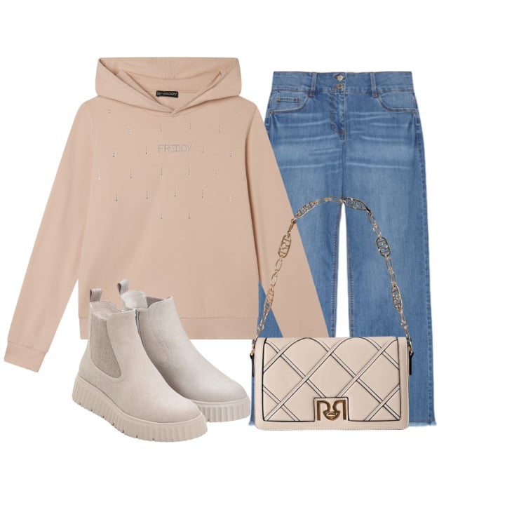 Outfit donna - Felpa e stivaletti. Stile Casual per Tutti i giorni. Abbinamento con stivaletti, borse a tracolla, felpe con cappuccio, jeans.