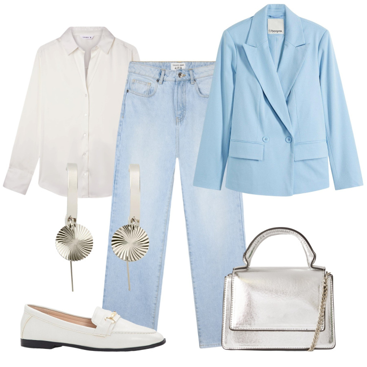 Outfit donna - Blazer, jeans e mocassini. Stile Urban per Tutti i giorni. Abbinamento con blazer, orecchini, mocassini, borse a tracolla, camicie, jeans dritti.
