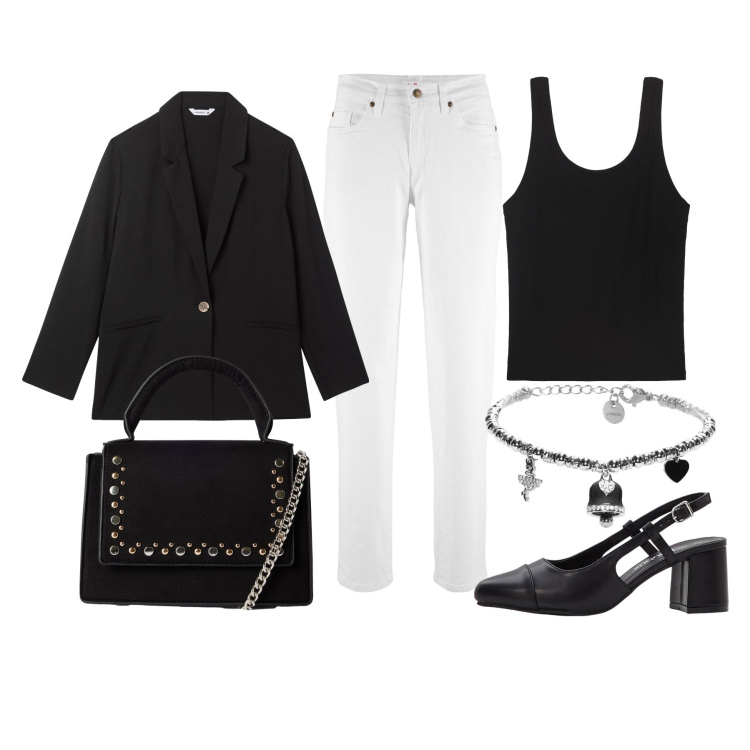 Outfit donna - Ultimo giorno di agosto. Stile Casual chic per Tutti i giorni. Abbinamento con jeans mom, décolleté, borse a tracolla, blazer, braccialetti, canottiere.