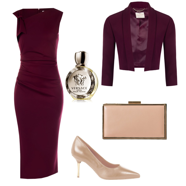 Outfit donna - Evento d’autunno. Stile Chic per Cerimonia. Abbinamento con profumi, vestiti a tubino, blazer, décolleté, pochette.