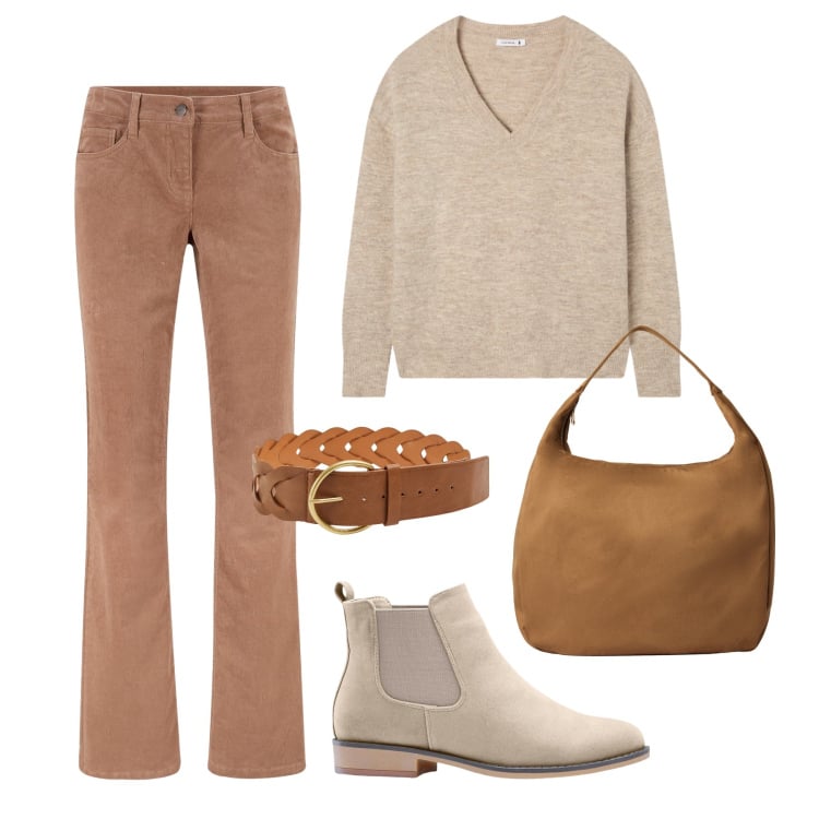Outfit donna - Look minimalista in autunno. Stile Minimal per Tutti i giorni. Abbinamento con pantaloni, stivaletti chelsea, cinture, maglieria, borse a mano.