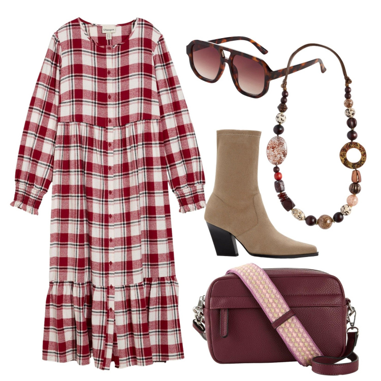 Outfit donna - Hello September!. Stile Trendy per Tutti i giorni. Abbinamento con borse a tracolla, stivaletti, occhiali da sole, vestiti midi/longuette, collane.