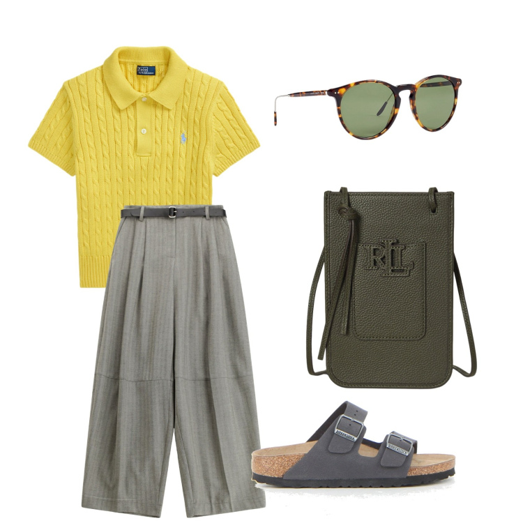 Outfit donna - Relaxed. Stile Casual chic per Tutti i giorni. Abbinamento con pantaloni, polo, occhiali da sole, borse a tracolla, ciabatte.