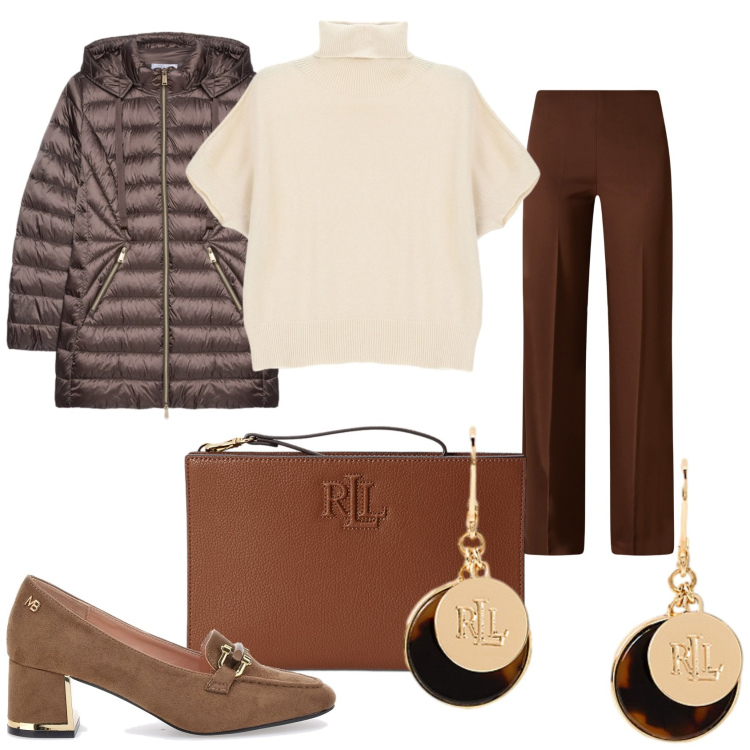 Outfit donna - Giornata in marrone. Stile Glamour per Tutti i giorni. Abbinamento con pantaloni a palazzo, maglieria, orecchini, pochette, piumini, mocassini.