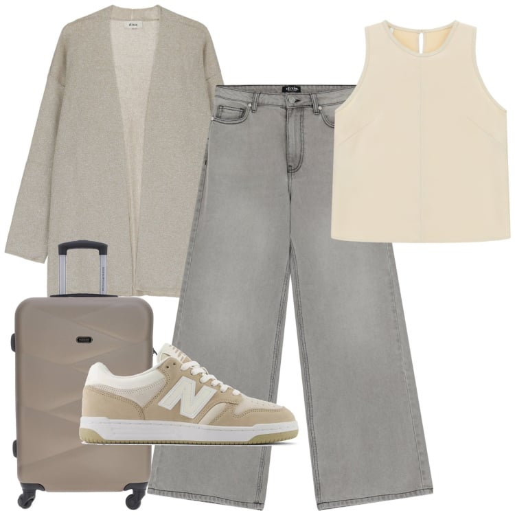 Outfit donna - Si torna. Stile Casual chic per Tutti i giorni. Abbinamento con sneakers, top, jeans, cardigans, valigie.