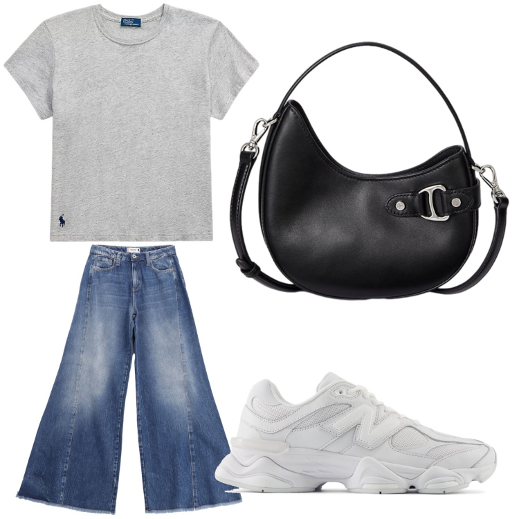 Outfit donna - Aperitivo. Stile Trendy per Tutti i giorni. Abbinamento con sneakers, jeans a zampa, t-shirt, borse a tracolla.