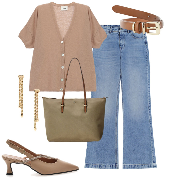 Outfit donna - Transitional outfit. Stile Casual chic per Tutti i giorni. Abbinamento con cinture, jeans, cardigans, borse tote, orecchini, décolleté.